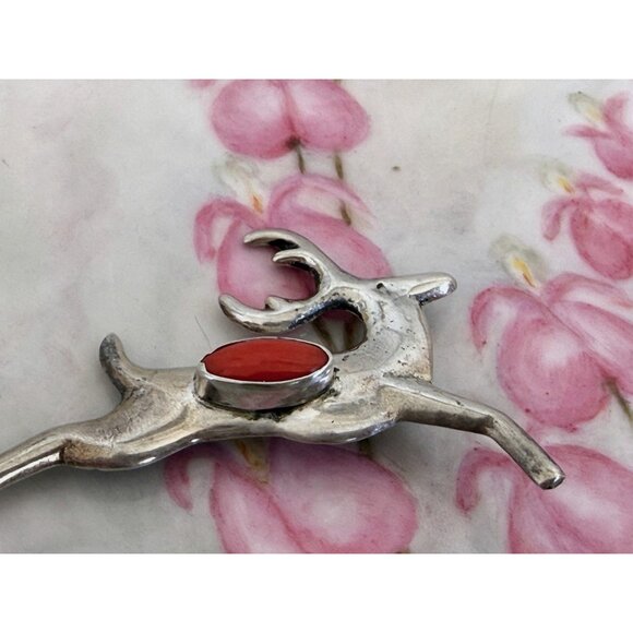 Vintage 60's Navajo Native American Brooch Leaping Deer Coral Stone 11.6 grams - Picture 3 of 11